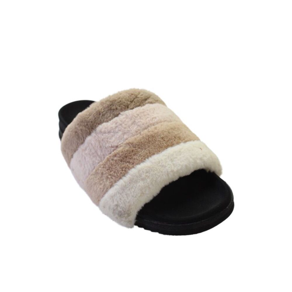 Roam Womens Faux Fur Striped Slide Sandals Beige White Size 40